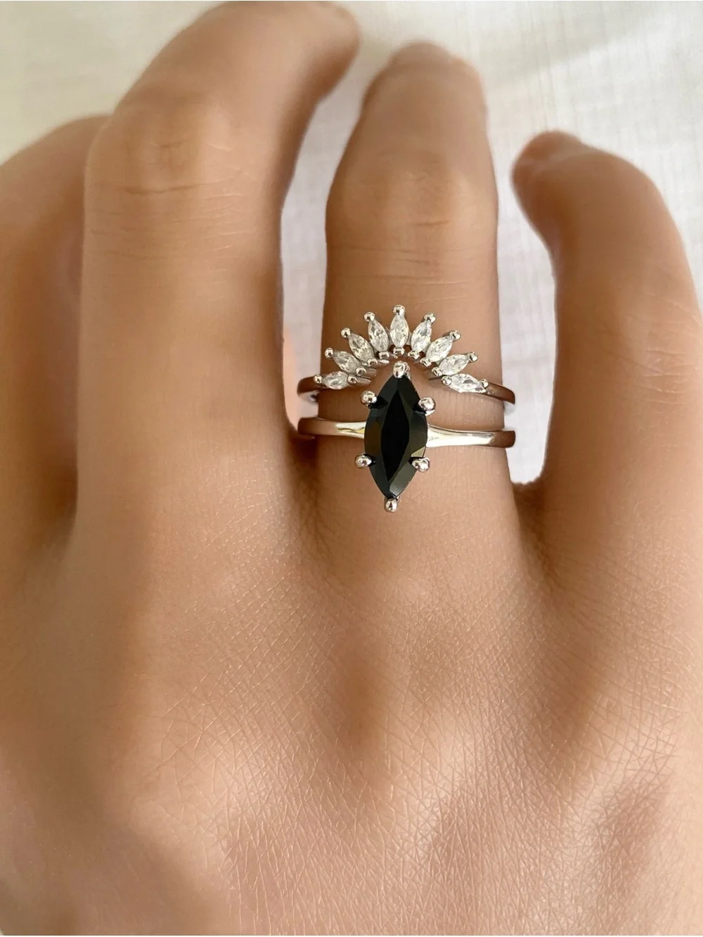 Black CZ Marquise Cut 2pc Sterling Silver Solitaire Stacking Band Ring Set